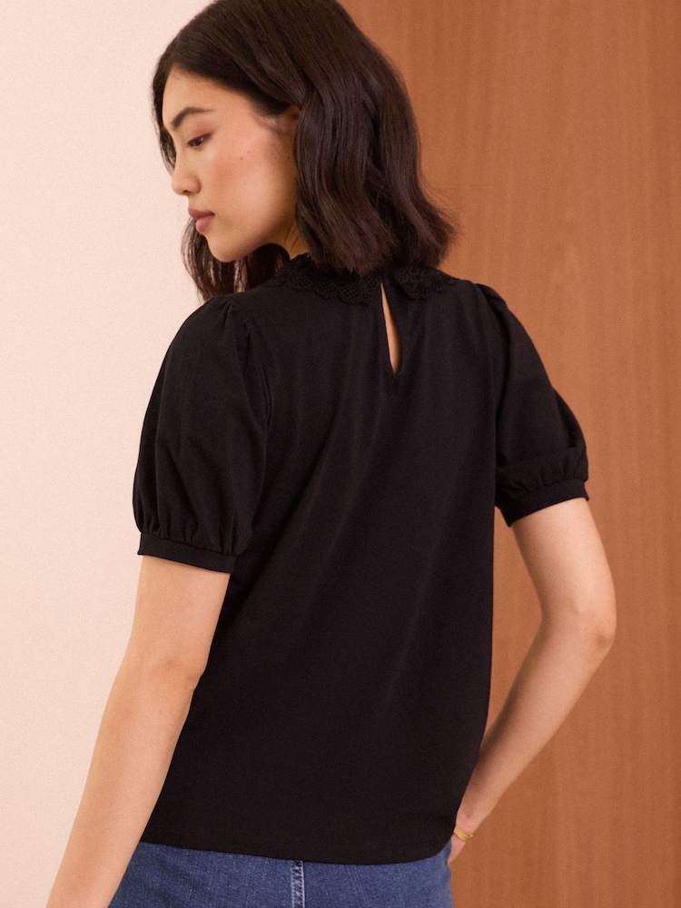 Love & Roses Black Lace Collar Jersey Short Sleeve T-Shirt - Image 4 of 4