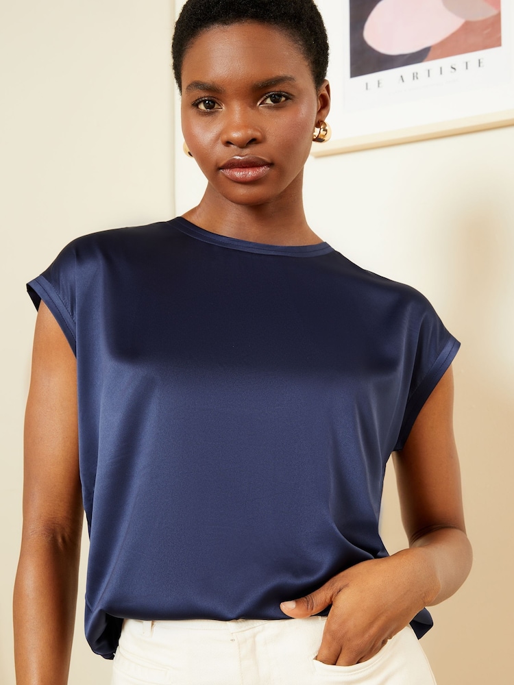 Love & Roses Navy Satin Front Jersey Back Crew Neck Top - Image 1 of 4