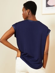 Love & Roses Navy Satin Front Jersey Back Crew Neck Top - Image 3 of 4