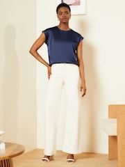 Love & Roses Navy Satin Front Jersey Back Crew Neck Top - Image 4 of 4