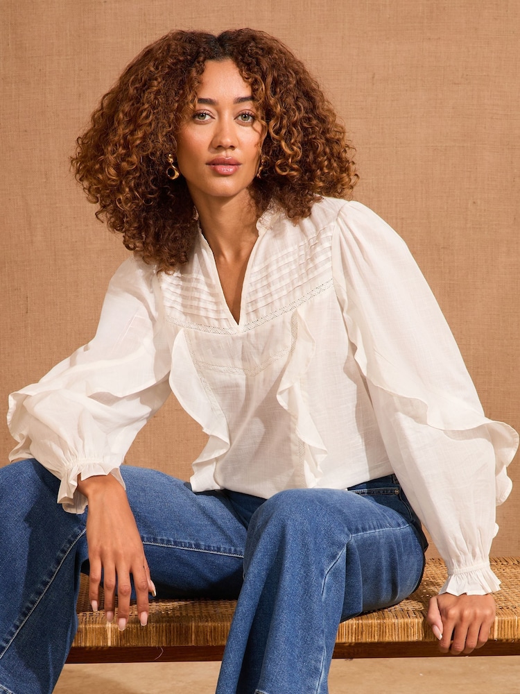Love & Roses Ivory Frill Detail V-Neck Long Sleeve 100% Cotton Blouse - Image 1 of 4