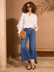 Love & Roses Ivory Frill Detail V-Neck Long Sleeve 100% Cotton Blouse - Image 3 of 4