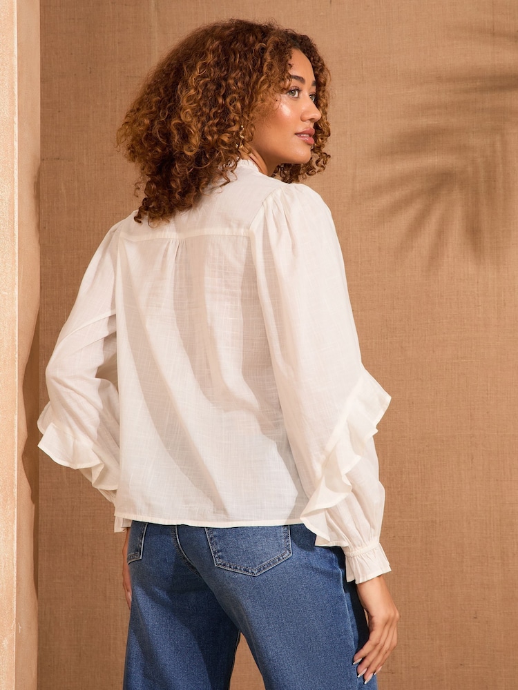 Love & Roses Ivory Frill Detail V-Neck Long Sleeve 100% Cotton Blouse - Image 4 of 4