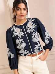 Love & Roses Navy Floral Embroidery 3/4 Crew Neck Jersey 100% Cotton Top - Image 1 of 4