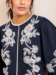 Love & Roses Navy Floral Embroidery 3/4 Crew Neck Jersey 100% Cotton Top - Image 2 of 4