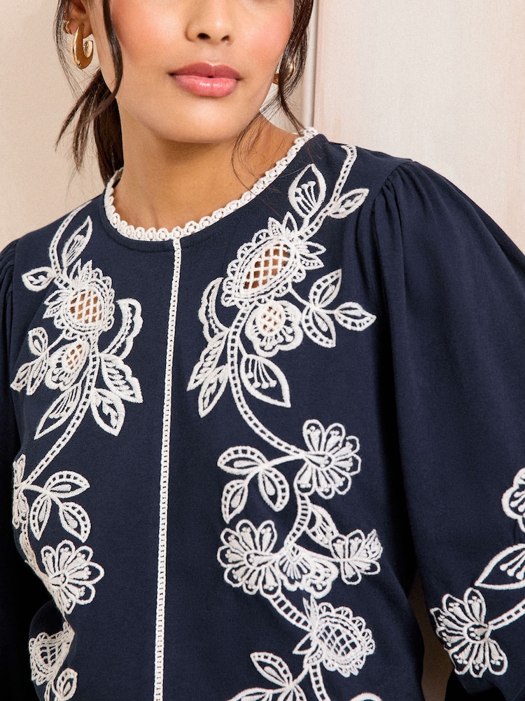 Love & Roses Navy Floral Embroidery 3/4 Crew Neck Jersey 100% Cotton Top - Image 2 of 4