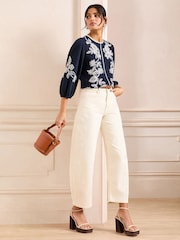 Love & Roses Navy Floral Embroidery 3/4 Crew Neck Jersey 100% Cotton Top - Image 3 of 4