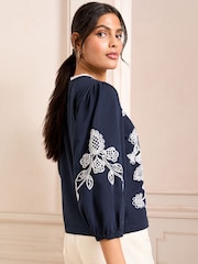Love & Roses Navy Floral Embroidery 3/4 Crew Neck Jersey 100% Cotton Top - Image 4 of 4