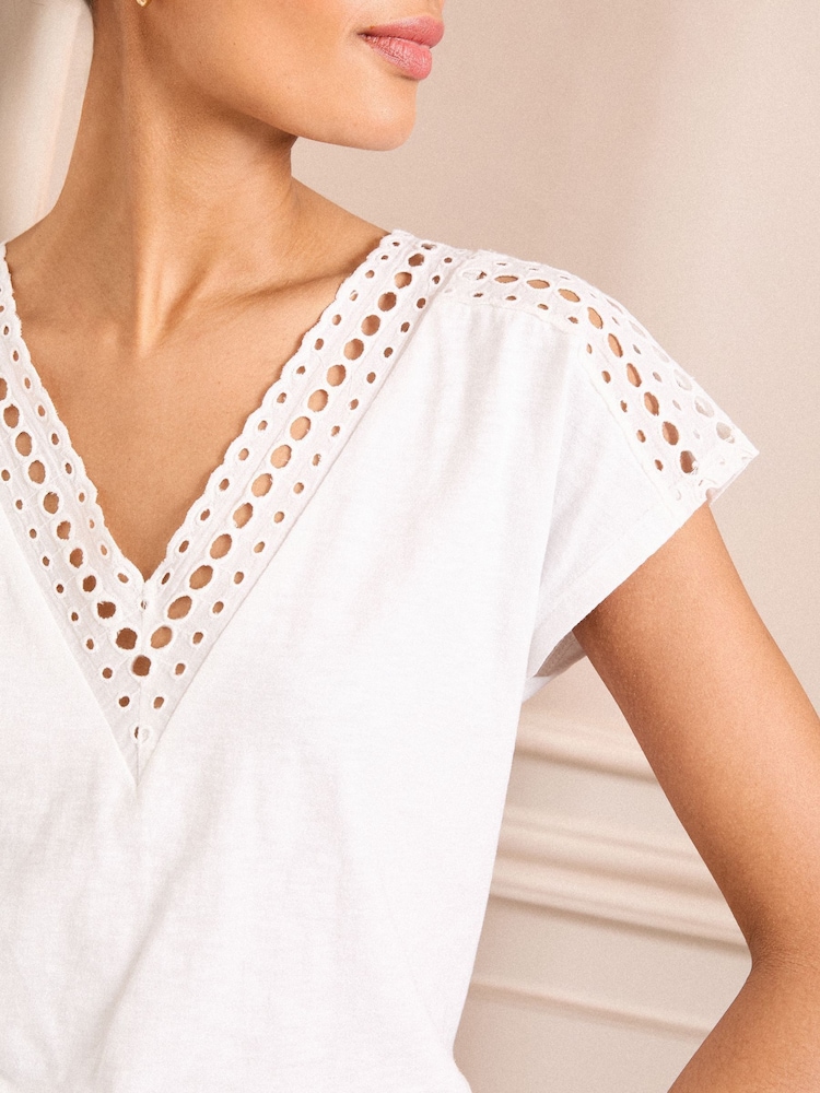 Love & Roses Ivory Petite Lace V-Neck 100% Cotton T-Shirt - Image 2 of 4