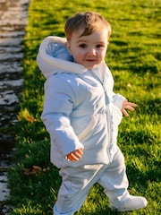 Emile Et Rose Blue Ivory Faux Fur Hood And Pocket Trim Microfibre Jacket - Image 1 of 4