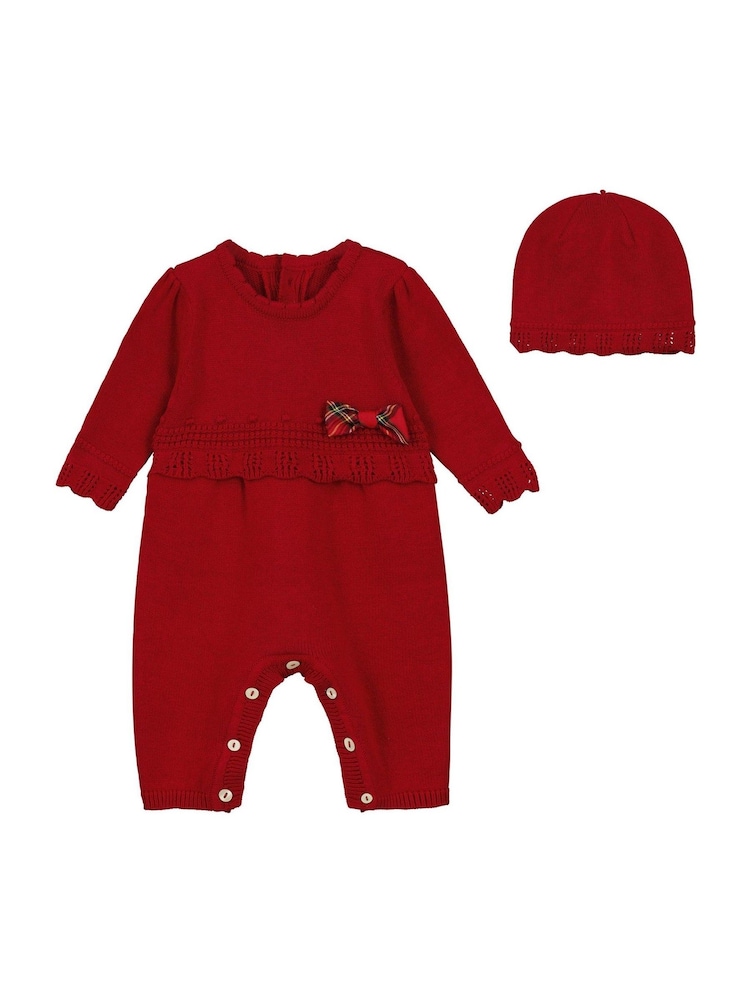 Emile ET Rose Red 100% Cotton Knit All-In-One With Tartan Bow & Hat - Bild 2 von 6 Emile ET Rose Red 100% Cotton Knit All-In-One With Tartan Bow & Hat - Bild 2 von 6