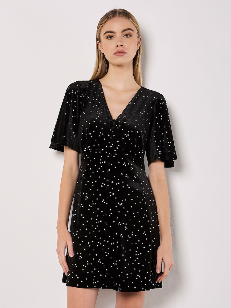 Apricot Black Button Through Star Velvet Dress - Image 2 of 4