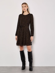 Apricot Black Pleated Sleeve Polkadot Dress - Image 1 of 5
