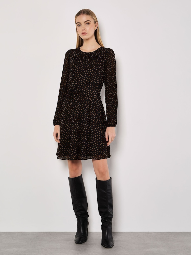 Apricot Black Pleated Sleeve Polkadot Dress - Image 1 of 5