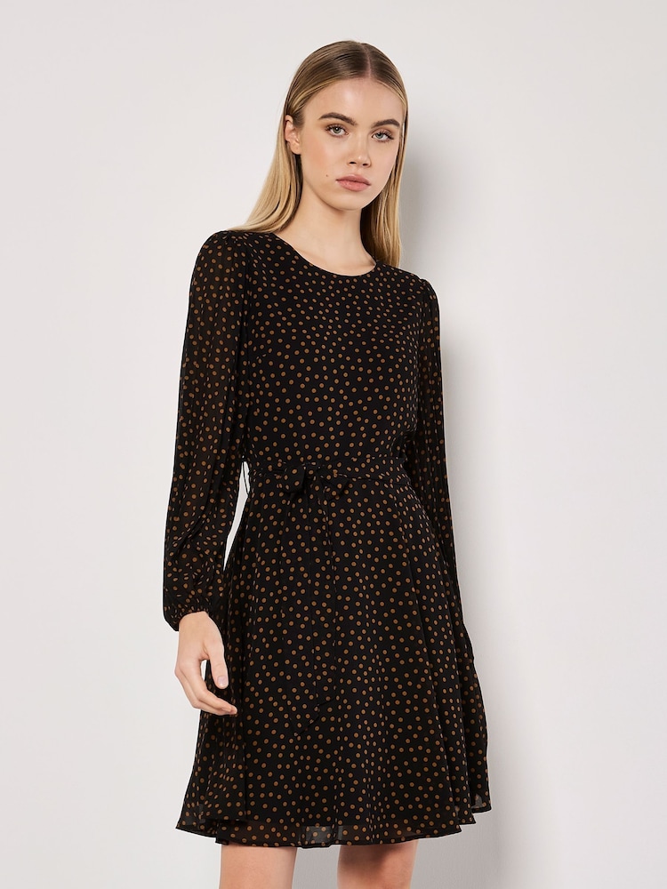 Apricot Black Pleated Sleeve Polkadot Dress - Image 2 of 5