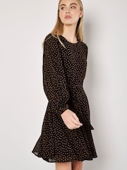 Apricot Black Pleated Sleeve Polkadot Dress - Image 5 of 5