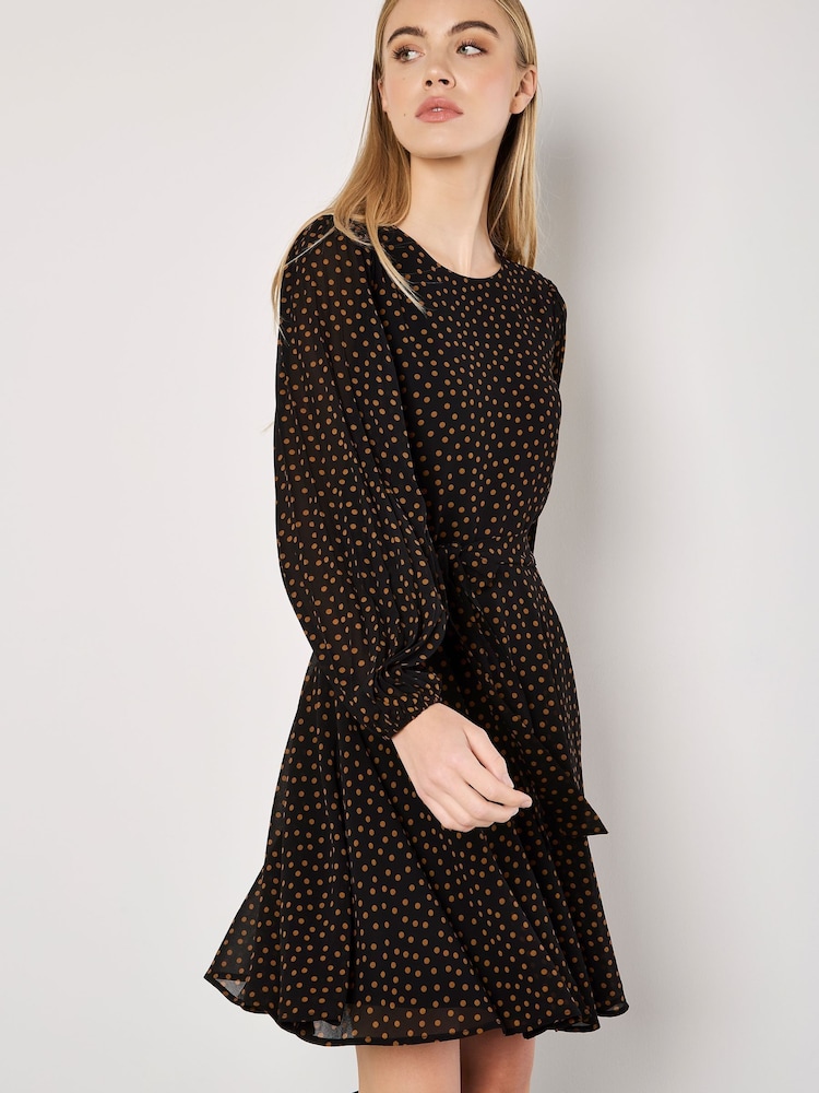 Apricot Black Pleated Sleeve Polkadot Dress - Image 5 of 5