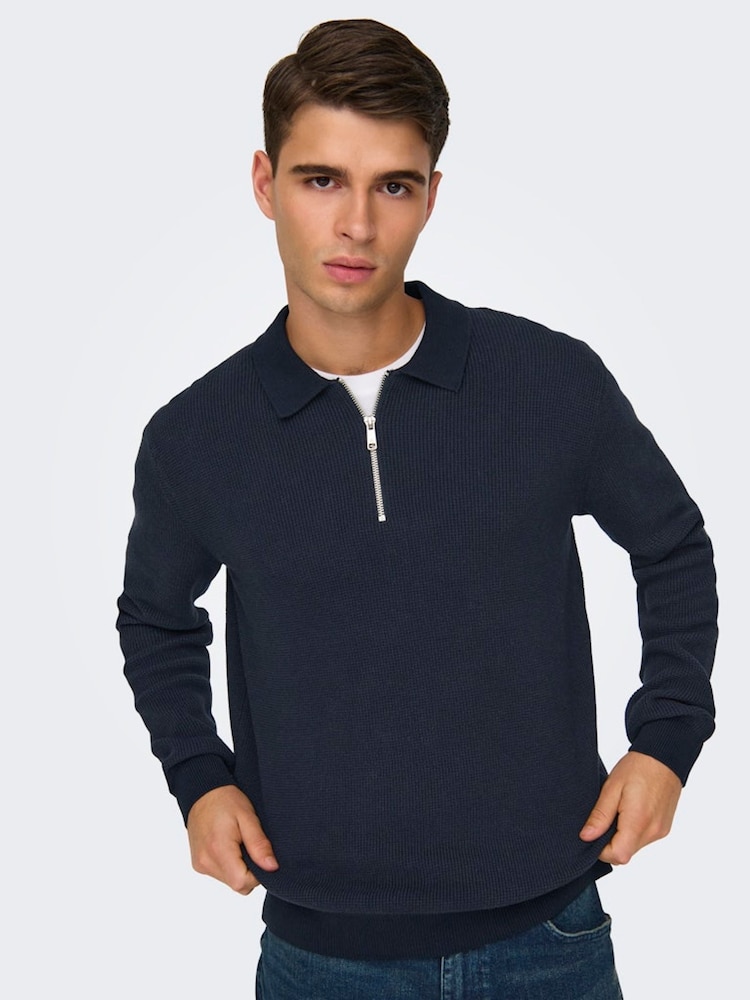 Only & Sons Navy 100% Cotton Quarter Zip Polo Long Sleeve Jumper - Image 1 of 7 Only & Sons Navy 100% Cotton Quarter Zip Polo Long Sleeve Jumper - Image 1 of 7