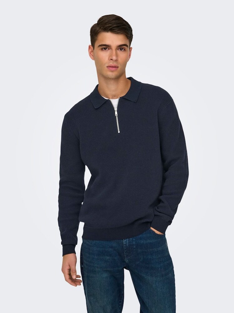 Only & Sons Navy 100% Cotton Quarter Zip Polo Long Sleeve Jumper - Image 2 of 7 Only & Sons Navy 100% Cotton Quarter Zip Polo Long Sleeve Jumper - Image 2 of 7