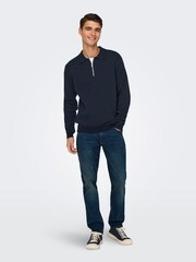 Only & Sons Navy 100% Cotton Quarter Zip Polo Long Sleeve Jumper - Image 4 of 7
