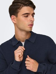 Only & Sons Navy 100% Cotton Quarter Zip Polo Long Sleeve Jumper - Image 5 of 7