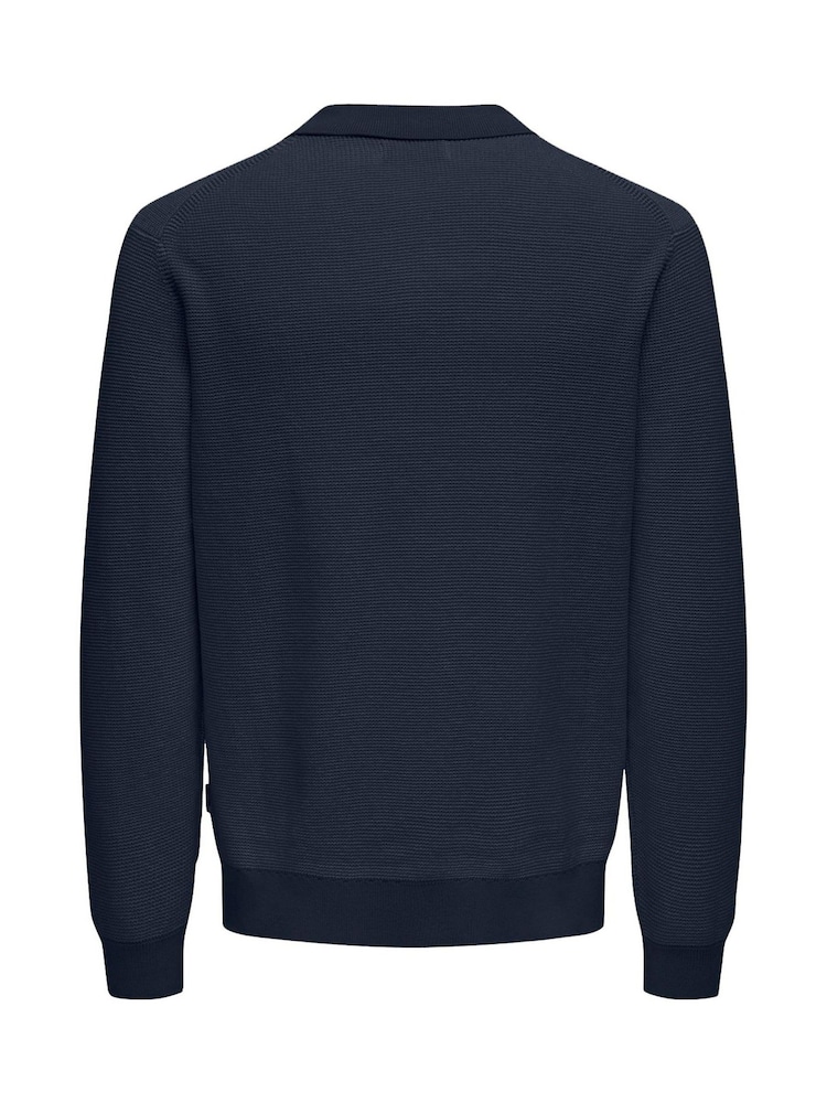 Only & Sons Navy 100% Cotton Quarter Zip Polo Long Sleeve Jumper - Image 7 of 7 Only & Sons Navy 100% Cotton Quarter Zip Polo Long Sleeve Jumper - Image 7 of 7