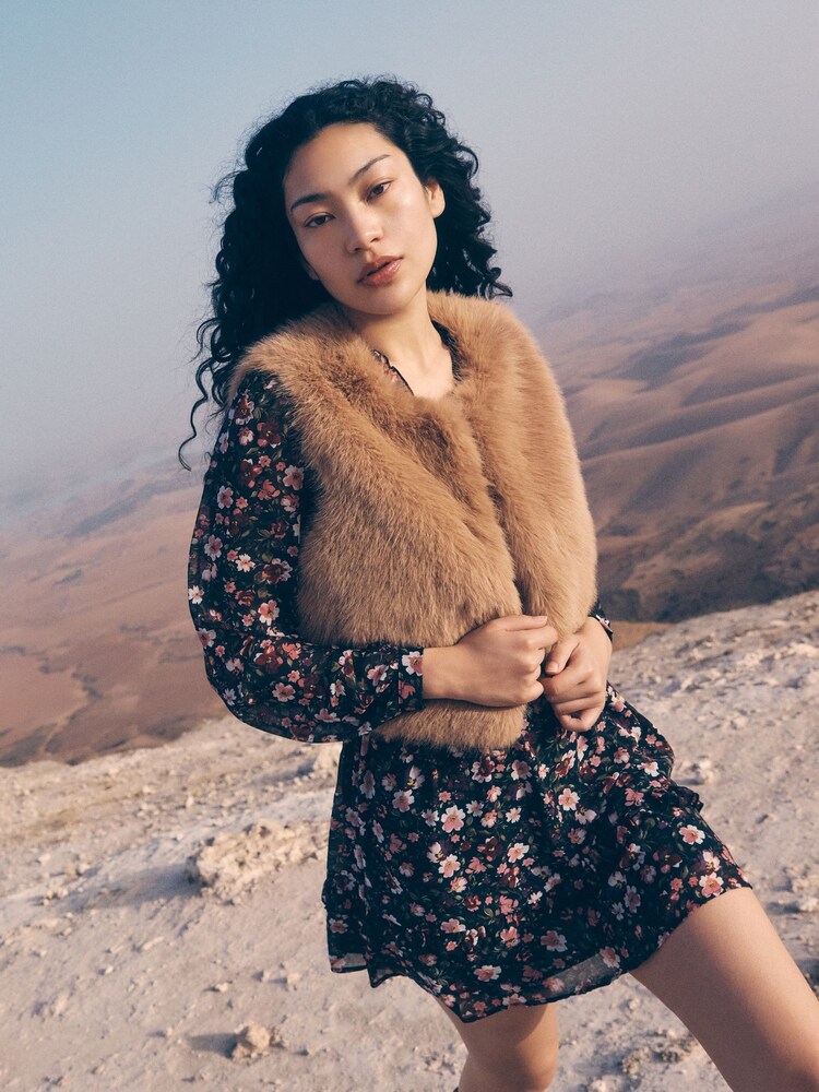 Apricot Brown Faux Fur Cropped Gilet - Image 1 of 5