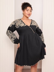Friends Like These Black Embroidered Long Sleeve 100% Cotton Mini Dress - Image 3 of 4