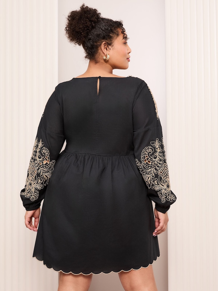 Friends Like These Black Embroidered Long Sleeve 100% Cotton Mini Dress - Image 4 of 4