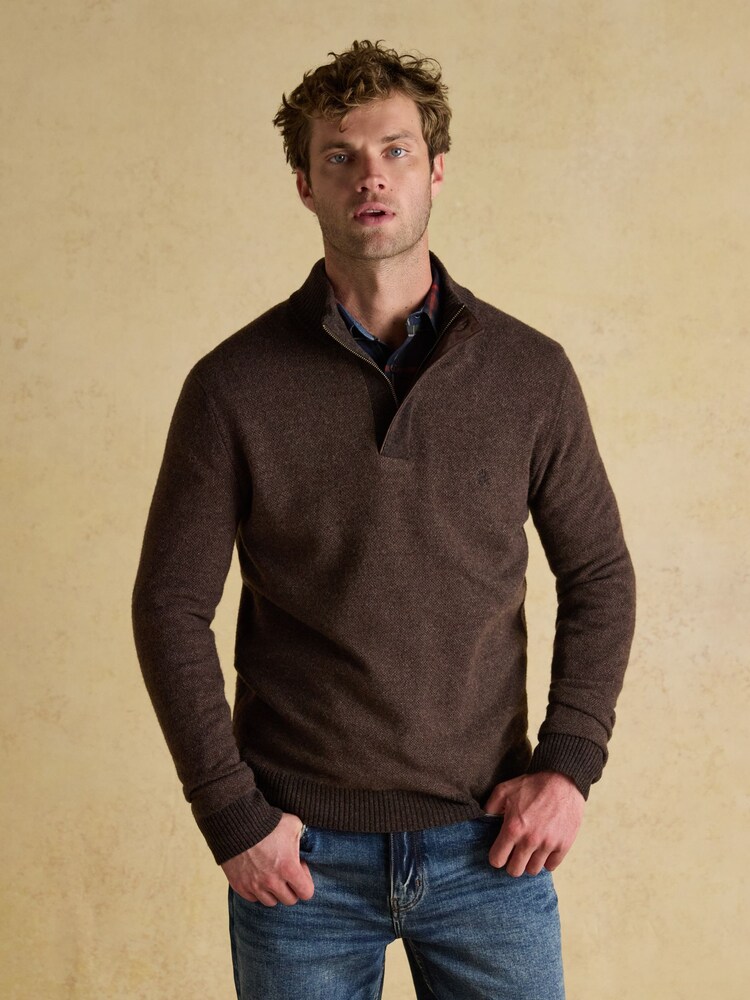 Joules Highland Brown Button Quater Zip Jumper - Image 1 of 8