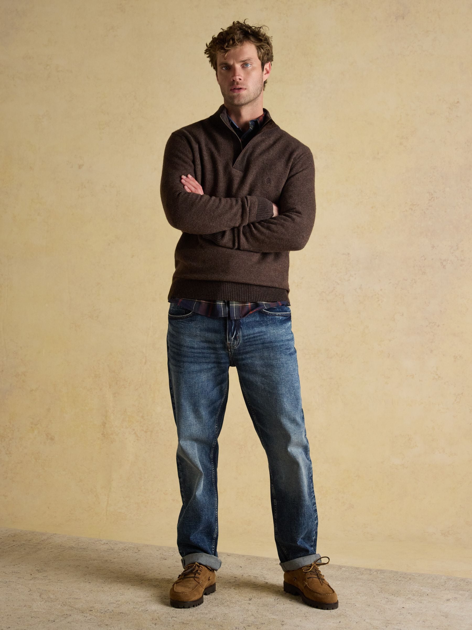 Buy Joules Highland Brown Wool-Rich Button Quarter Zip Jumper from