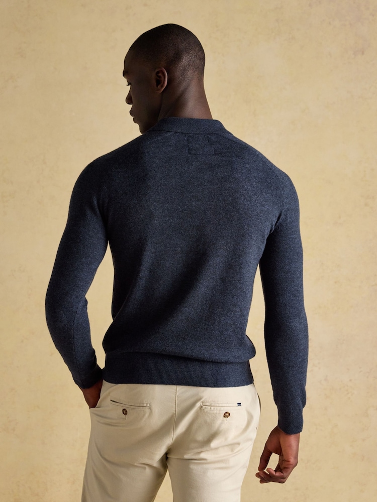 Joules Lambswool Sampson Navy Long Sleeve Knitted Polo Shirt - Image 2 of 9