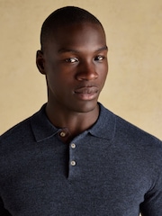 Joules Lambswool Sampson Navy Long Sleeve Knitted Polo Shirt - Image 4 of 9