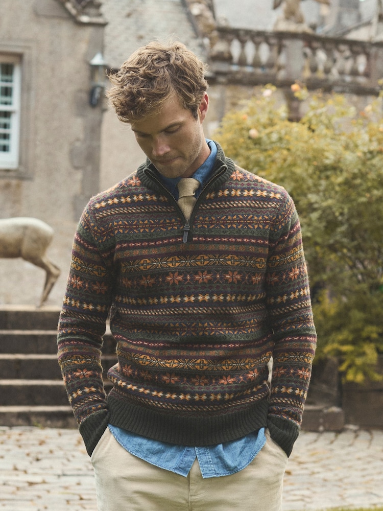 Milligan Wool-Rich Green Quarter Zip Fair Isle Jumper - Image 1 of 4 Milligan Wool-Rich Green Quarter Zip Fair Isle Jumper - Image 1 of 4