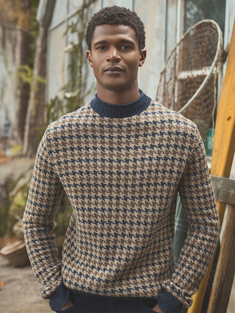 Ferguson Wool-Rich Oatmeal Houndstooth Jumper - Image 1 of 3 Ferguson Wool-Rich Oatmeal Houndstooth Jumper - Image 1 of 3