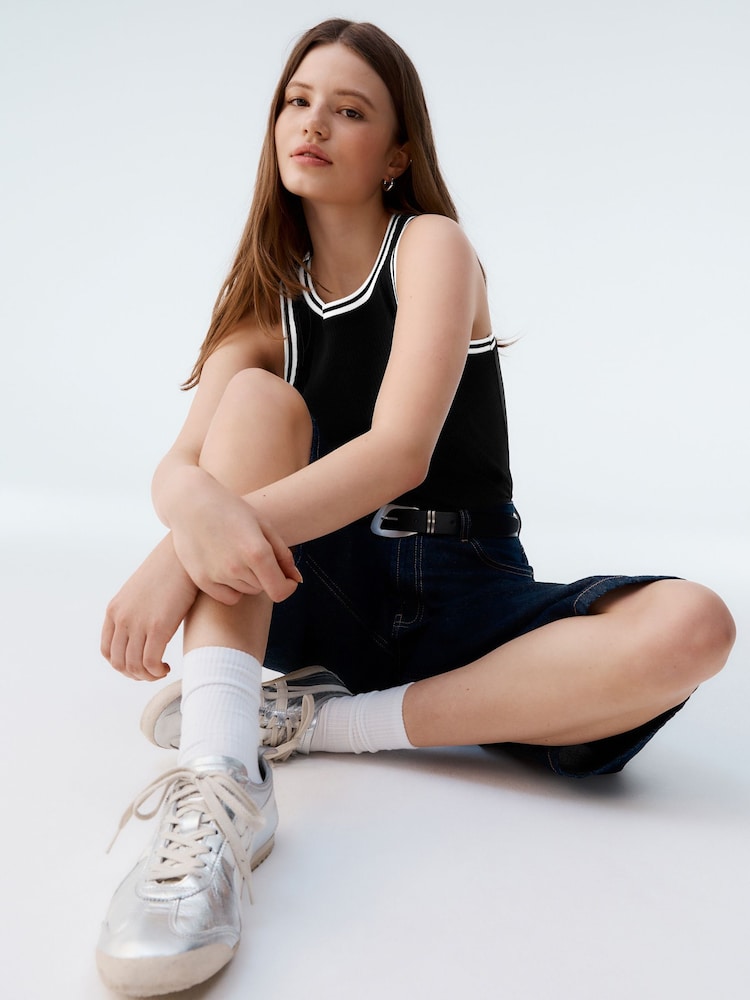Black/White Ribbed Racer Tank Vest Sleeveless Top - Image 2 of 9