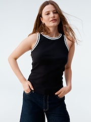 Black/White Ribbed Racer Tank Vest Sleeveless Top - Image 3 of 9