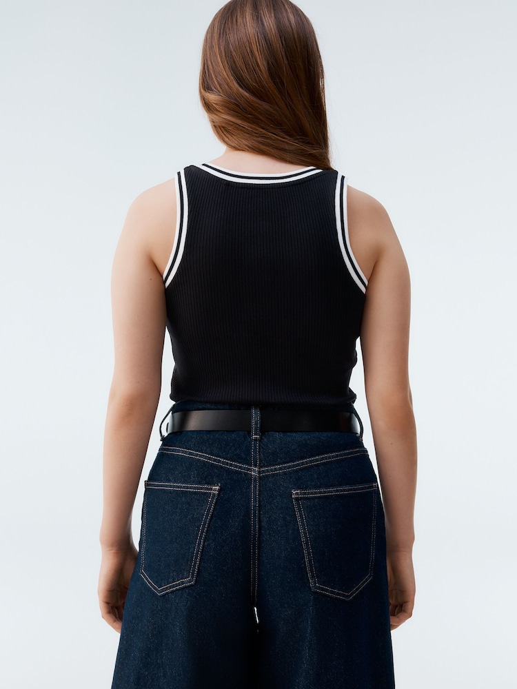 Black/White Ribbed Racer Tank Vest Sleeveless Top - Image 3 of 9