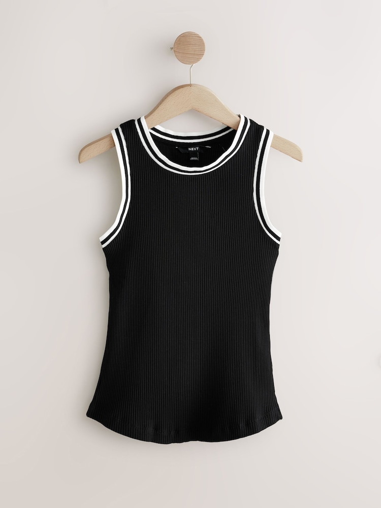Black/White Ribbed Racer Tank Vest Sleeveless Top - Image 4 of 9
