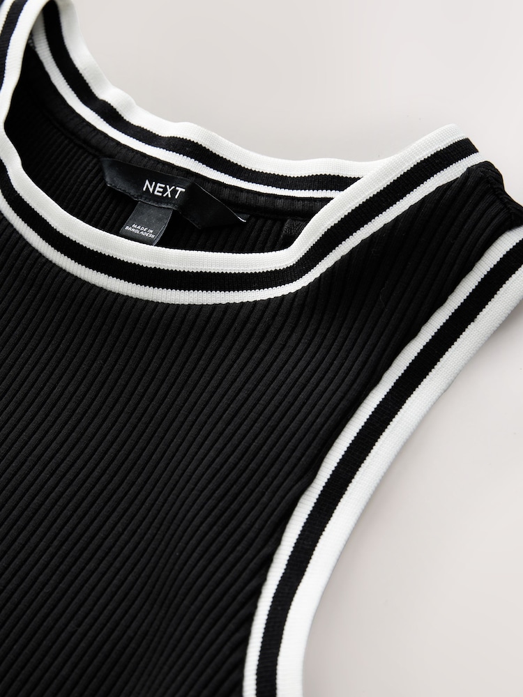 Black/White Ribbed Racer Tank Vest Sleeveless Top - Image 6 of 9