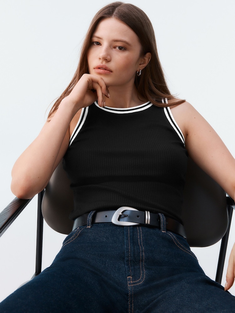 Black/White Ribbed Racer Tank Vest Sleeveless Top - Image 7 of 9
