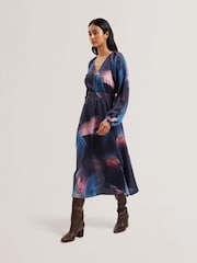 Ted Baker Blue Arade Printed Belted Midi Dress - Image 1 of 5