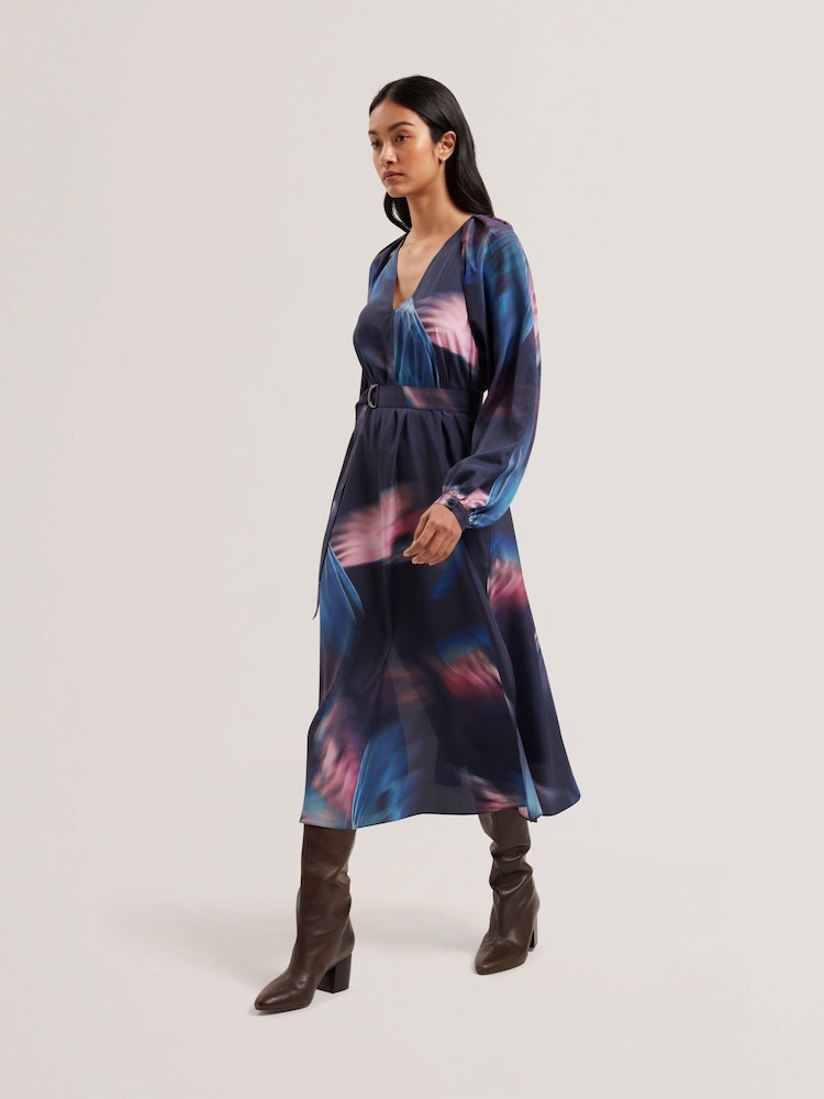 Ted Baker Blue Arade Printed Belted Midi Dress - Image 1 of 5 Ted Baker Blue Arade Printed Belted Midi Dress - Image 1 of 5