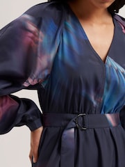 Ted Baker Blue Arade Printed Belted Midi Dress - Image 3 of 5