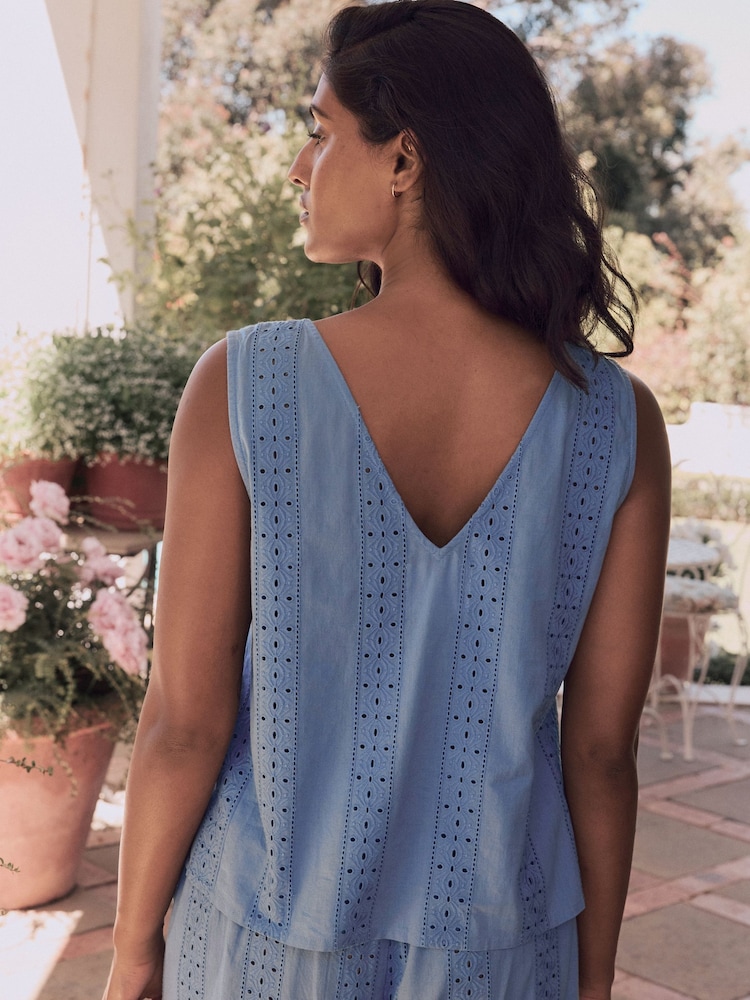 Laura Ashley Blue 100% Cotton Beach Tie Front Broderie Vest Top - Image 2 of 7