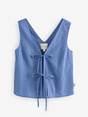 Laura Ashley Blue 100% Cotton Beach Tie Front Broderie Vest Top - Image 5 of 7