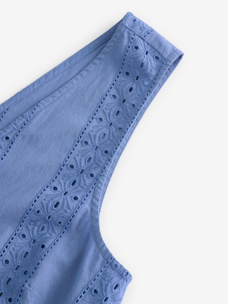 Laura Ashley Blue 100% Cotton Beach Tie Front Broderie Vest Top - Image 7 of 7