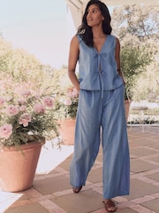 Laura Ashley Blue 100% Cotton Broderie Beach Trousers - Image 1 of 7