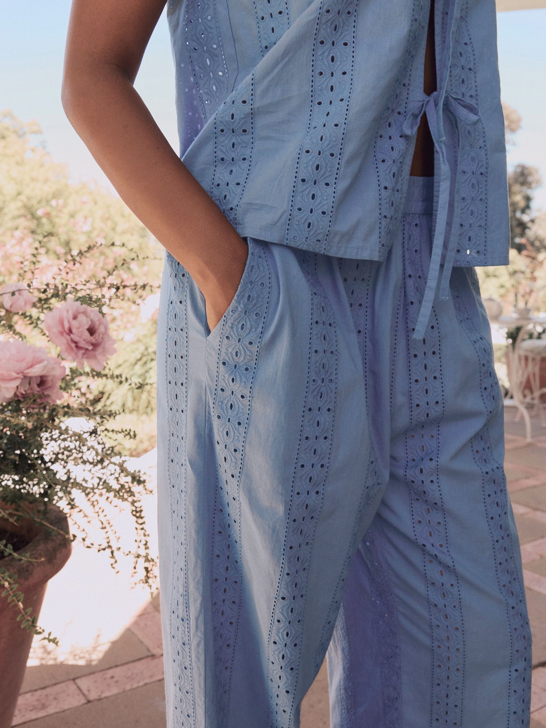 Buy Laura Ashley Blue 100% Cotton Broderie Beach Trousers from the