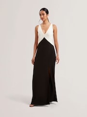 Ted Baker Black Sucre Contrast Paneling Midi Side Slit Dress - Image 1 of 5